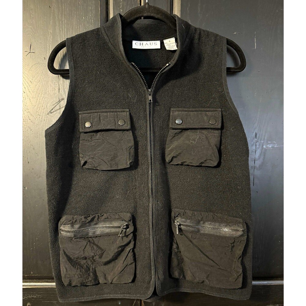 CHAUS Womens Black Fleece Full Zip High Neck Sweater Vest Pockets Size S